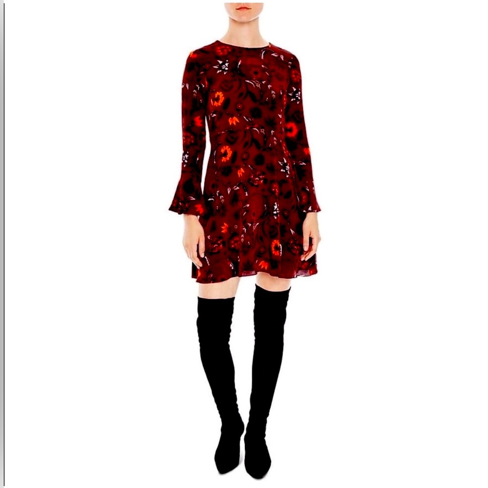 Sandro silk dress Sofia floral print burgundy dress bell sleeves